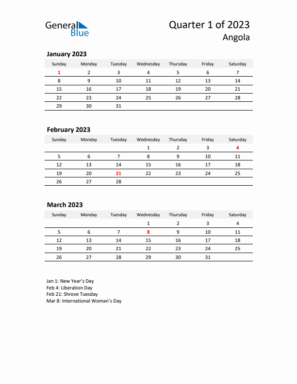 2023 Q1 Three-Month Calendar for Angola