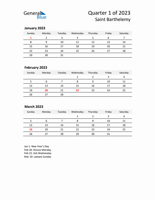 2023 Q1 Three-Month Calendar for Saint Barthelemy