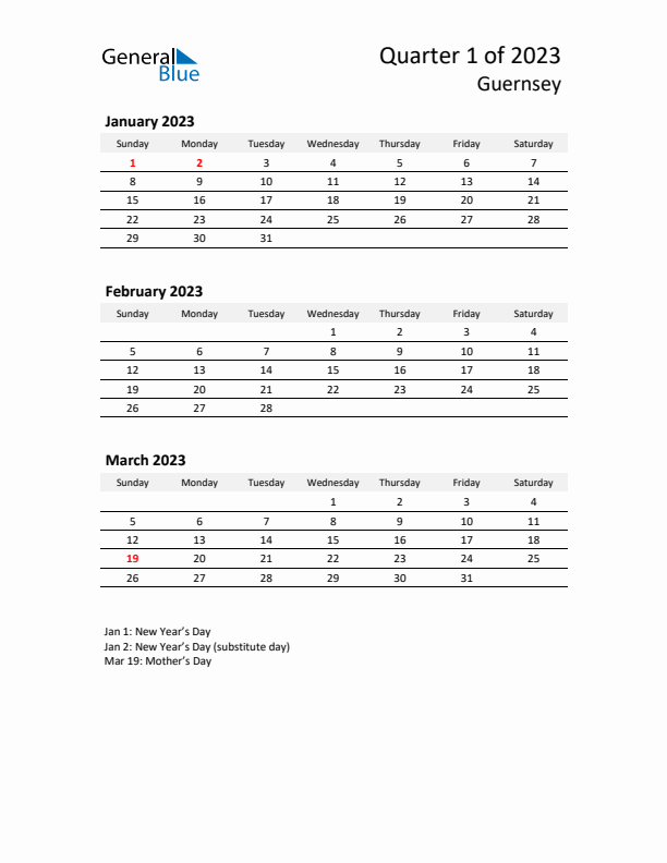 2023 Q1 Three-Month Calendar for Guernsey