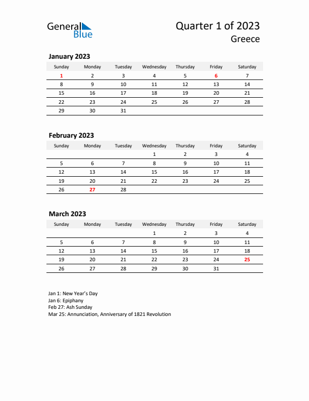 2023 Q1 Three-Month Calendar for Greece