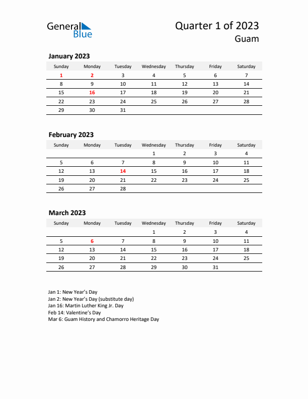 2023 Q1 Three-Month Calendar for Guam