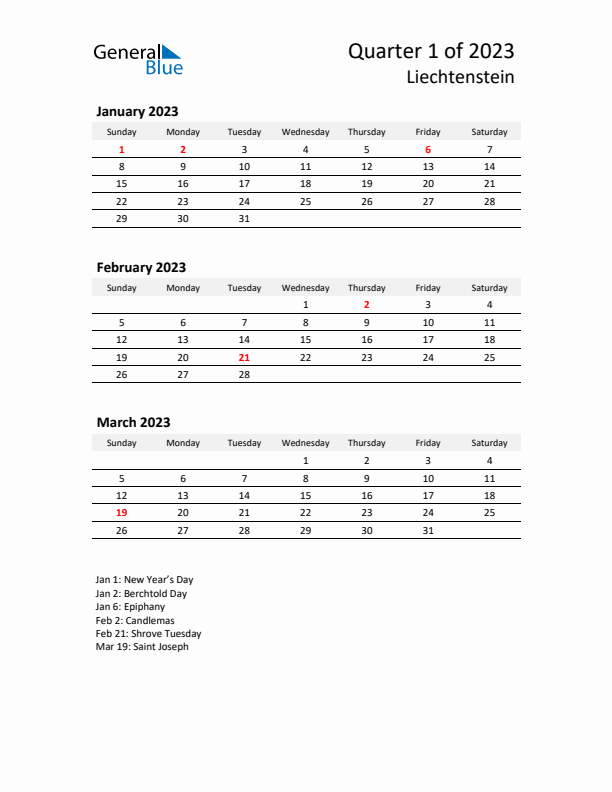 2023 Q1 Three-Month Calendar for Liechtenstein