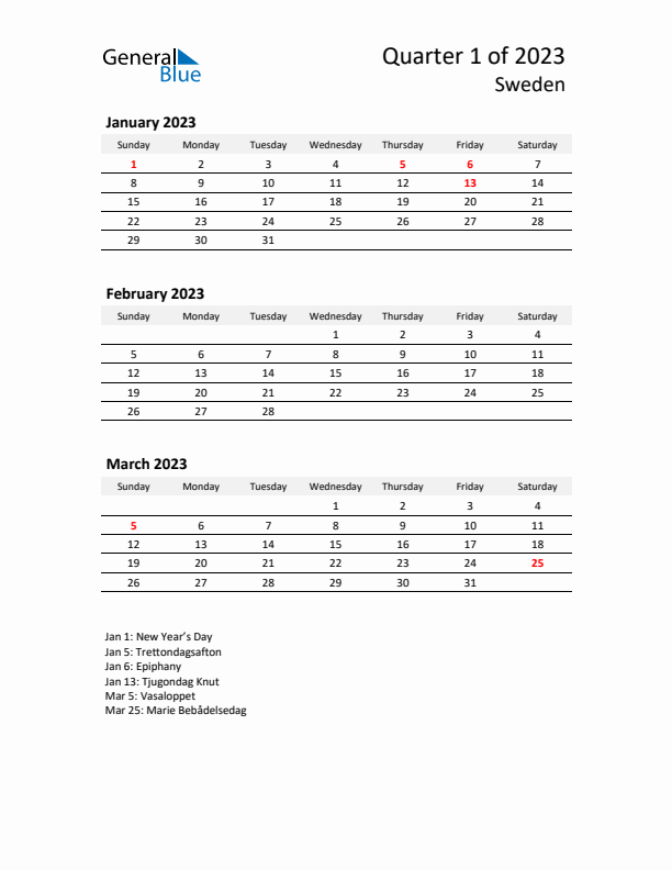 2023 Q1 Three-Month Calendar for Sweden