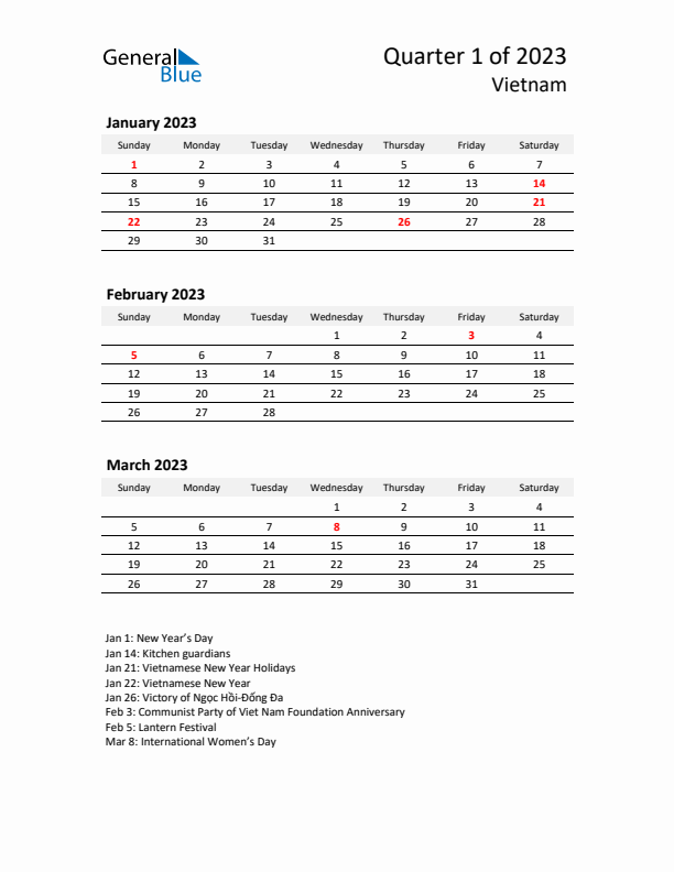 2023 Q1 Three-Month Calendar for Vietnam