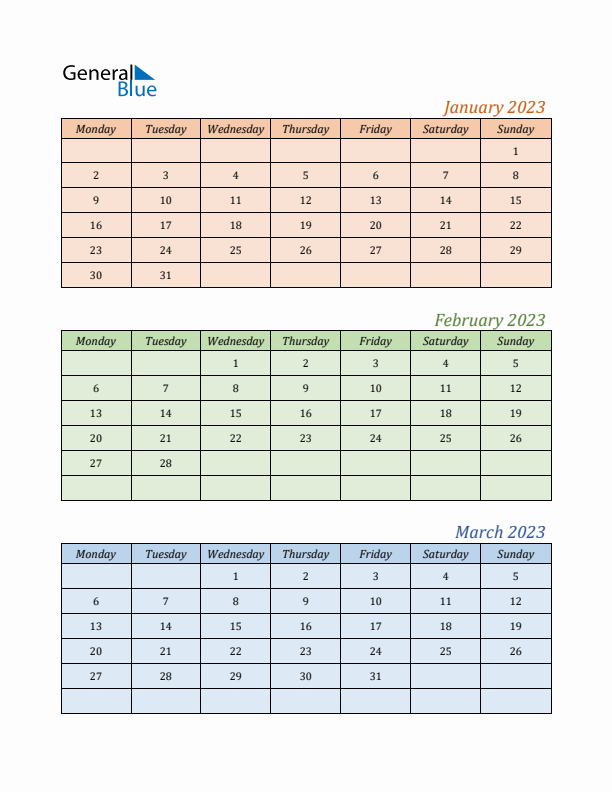 Three-Month Calendar for Year 2023 (January, February, and March)