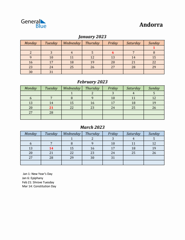 Q1 2023 Holiday Calendar - Andorra