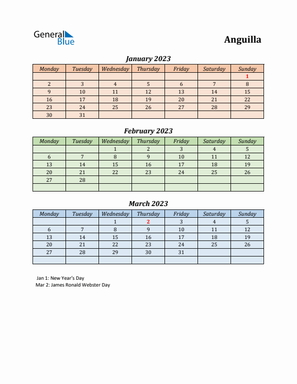 Q1 2023 Holiday Calendar - Anguilla