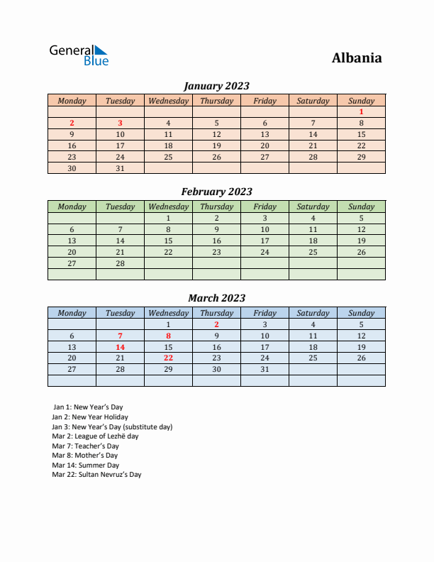 Q1 2023 Holiday Calendar - Albania