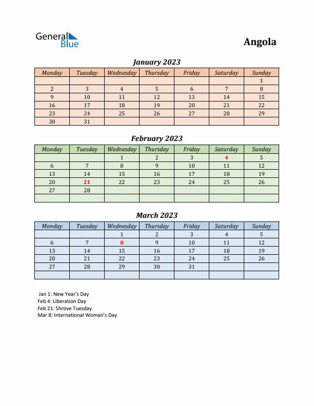 Q1 2023 Holiday Calendar - Angola