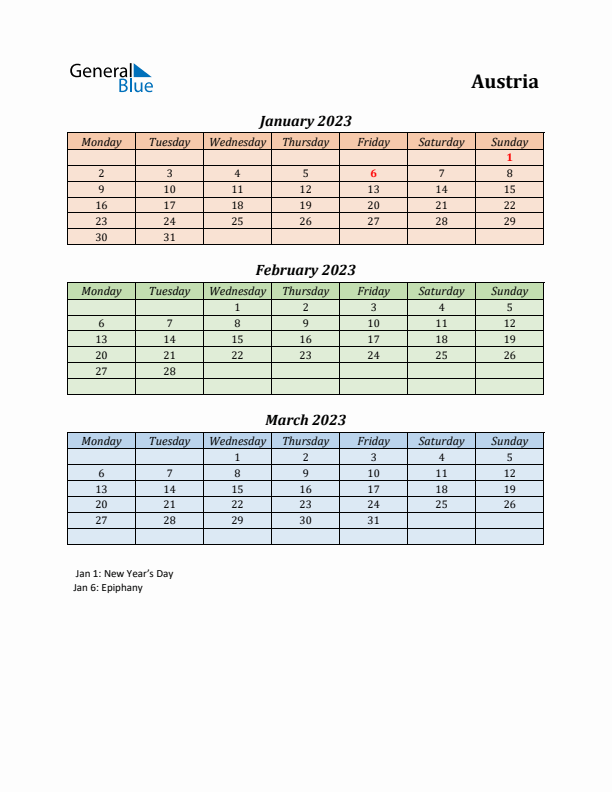 Q1 2023 Holiday Calendar - Austria