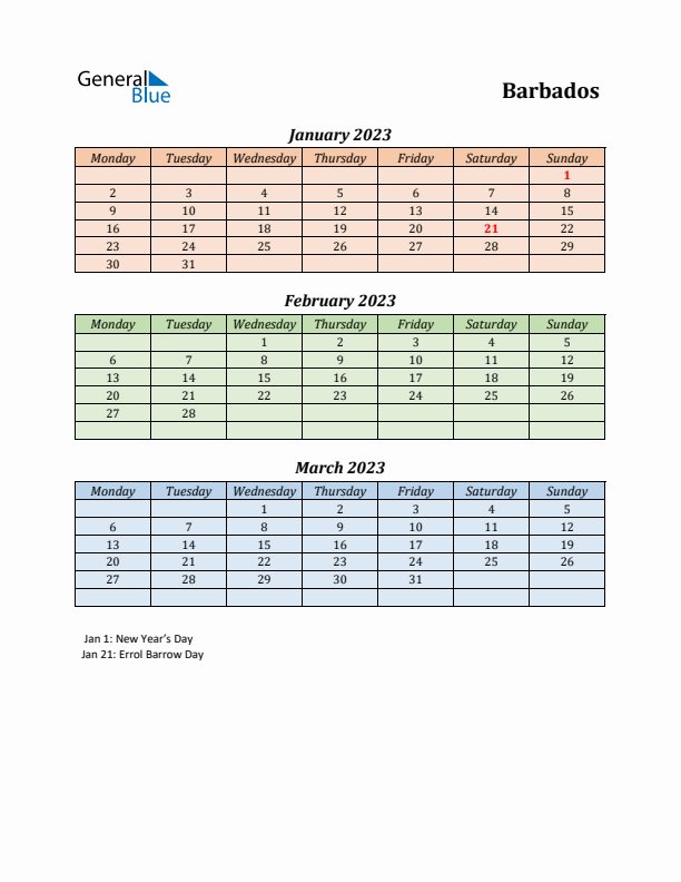 Q1 2023 Holiday Calendar - Barbados