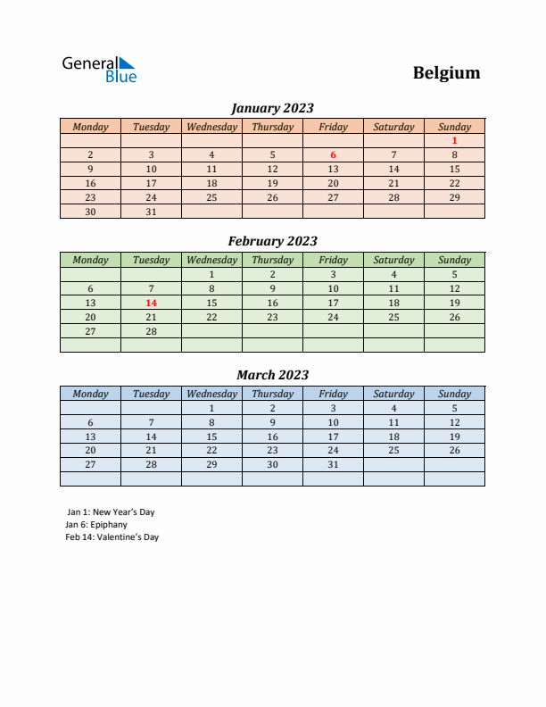 Q1 2023 Holiday Calendar - Belgium