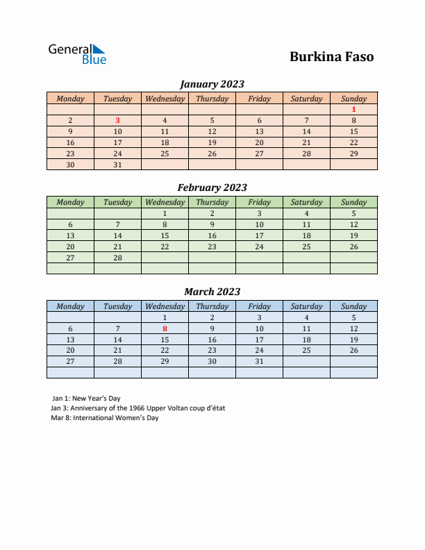 Q1 2023 Holiday Calendar - Burkina Faso