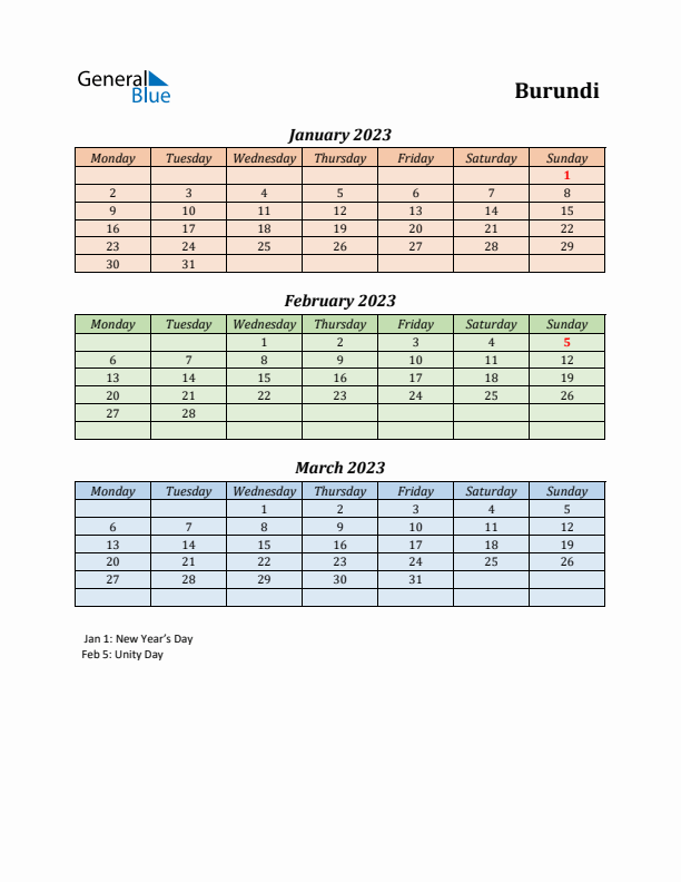 Q1 2023 Holiday Calendar - Burundi