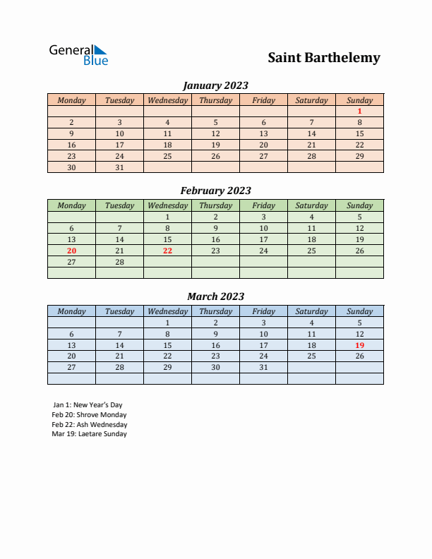 Q1 2023 Holiday Calendar - Saint Barthelemy