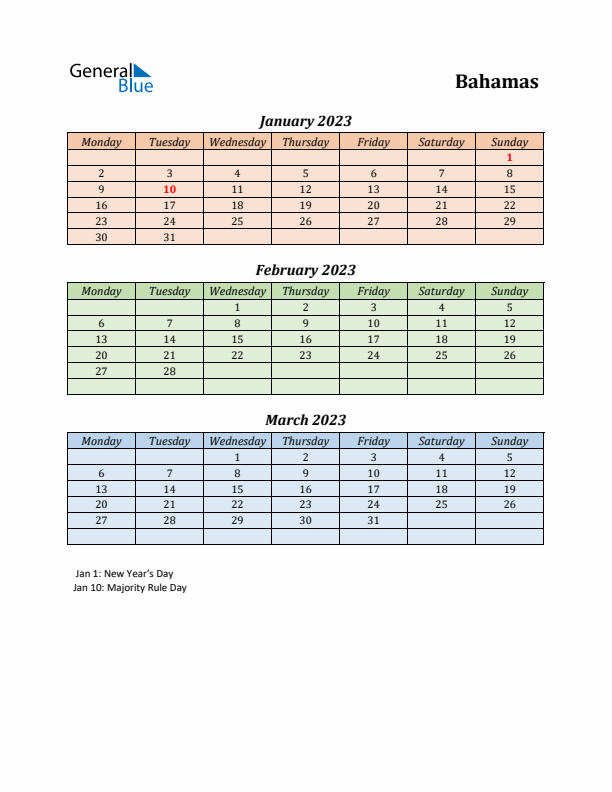 Q1 2023 Holiday Calendar - Bahamas