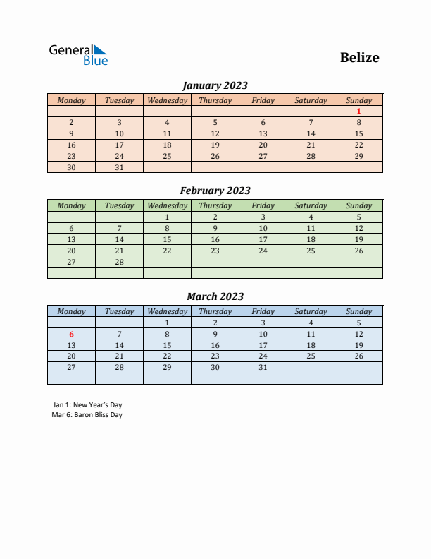 Q1 2023 Holiday Calendar - Belize