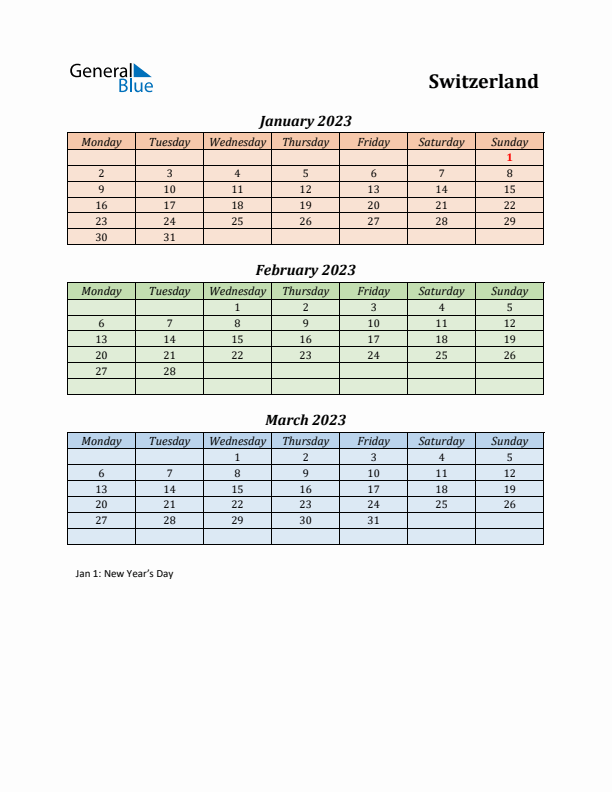 Q1 2023 Holiday Calendar - Switzerland