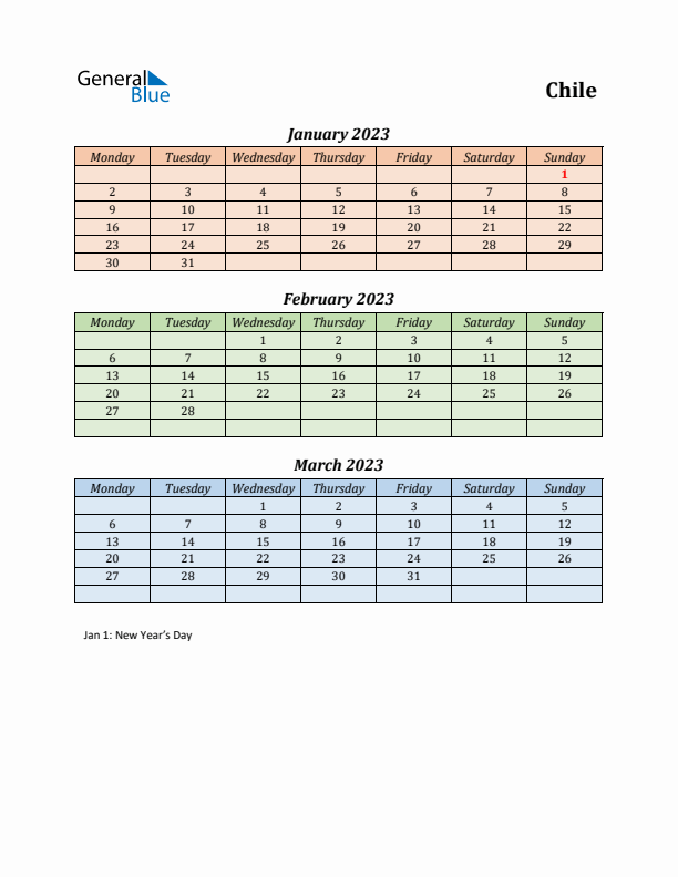 Q1 2023 Holiday Calendar - Chile