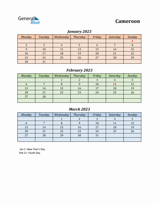 Q1 2023 Holiday Calendar - Cameroon