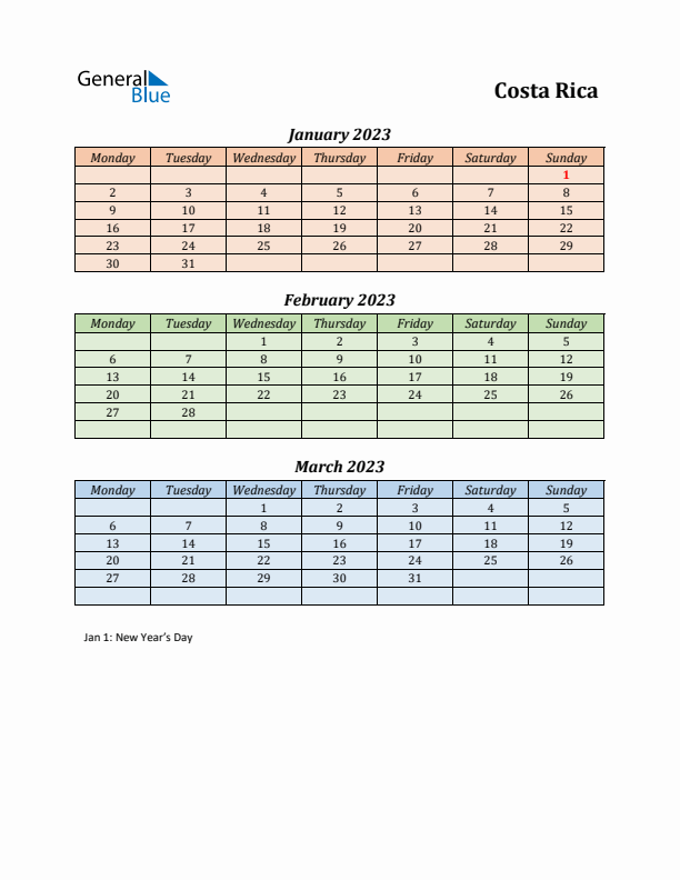 Q1 2023 Holiday Calendar - Costa Rica