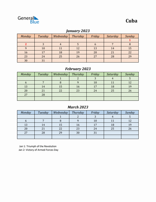 Q1 2023 Holiday Calendar - Cuba