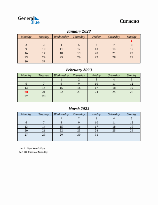 Q1 2023 Holiday Calendar - Curacao