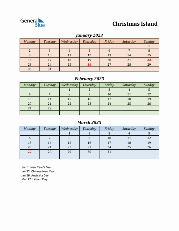 Q1 2023 Holiday Calendar - Christmas Island