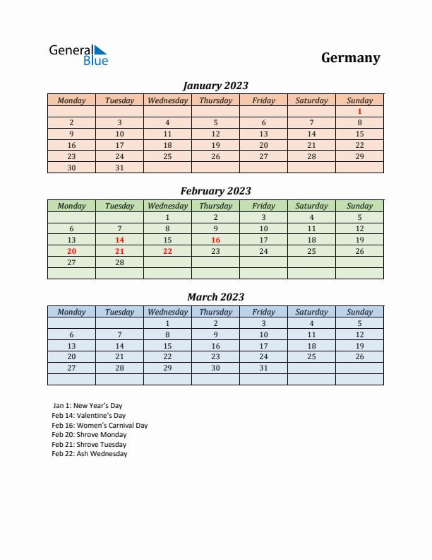 Q1 2023 Holiday Calendar - Germany