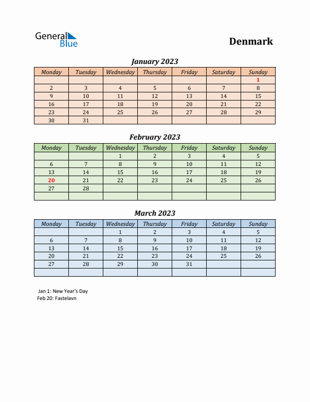 Q1 2023 Holiday Calendar - Denmark