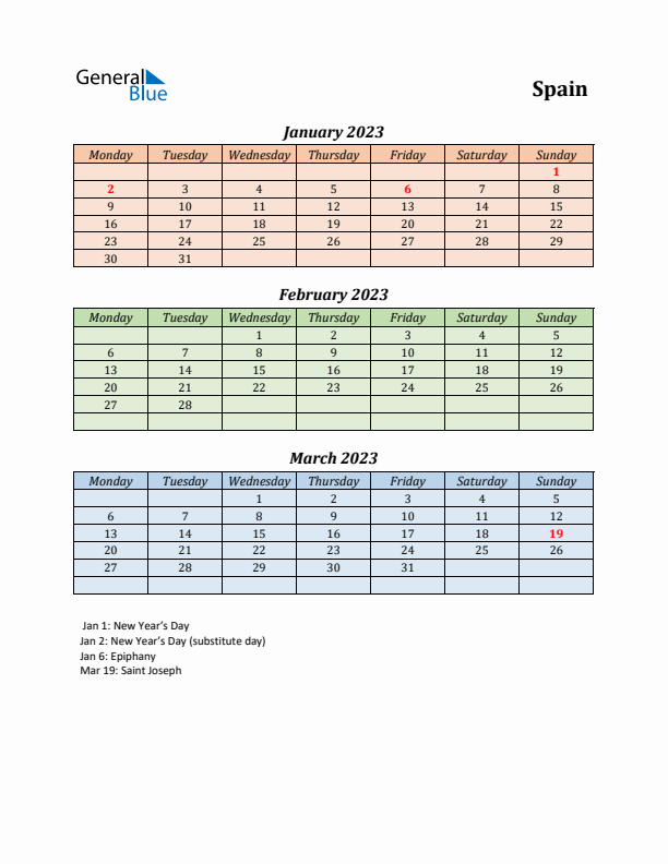 Q1 2023 Holiday Calendar - Spain