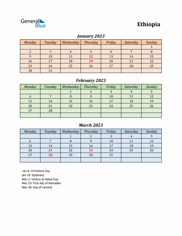 Q1 2023 Holiday Calendar - Ethiopia