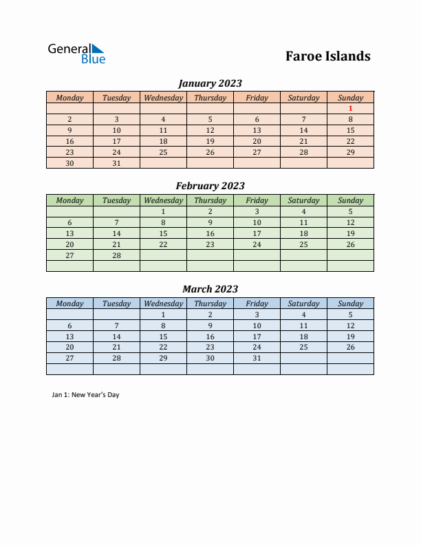 Q1 2023 Holiday Calendar - Faroe Islands