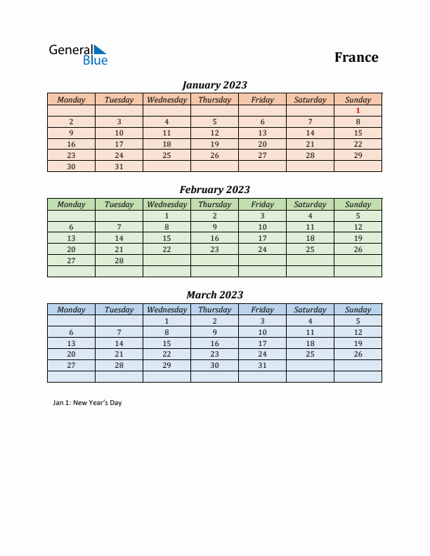 Q1 2023 Holiday Calendar - France