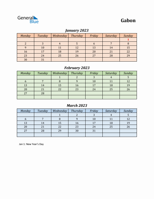 Q1 2023 Holiday Calendar - Gabon