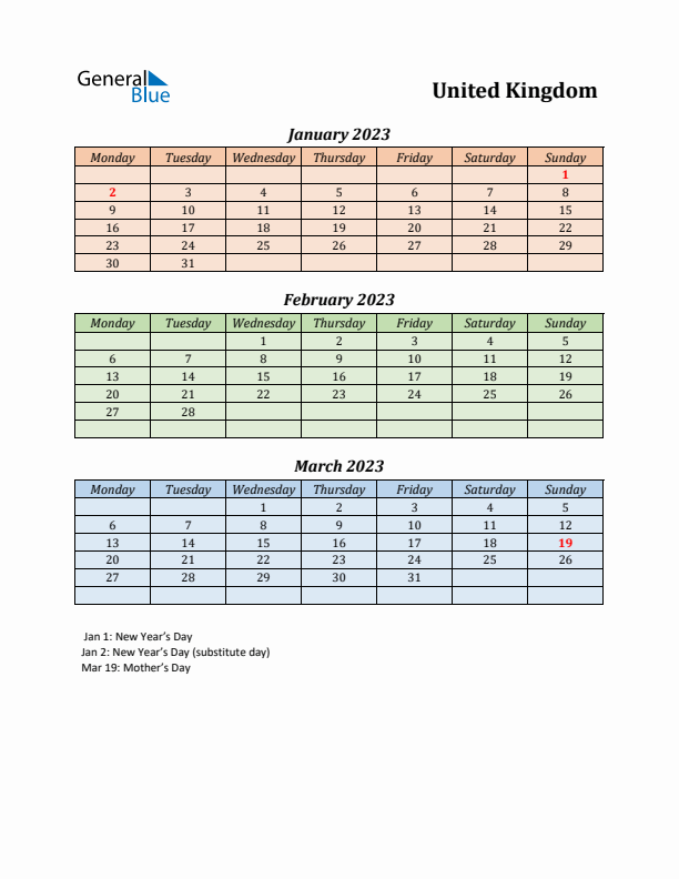 Q1 2023 Holiday Calendar - United Kingdom