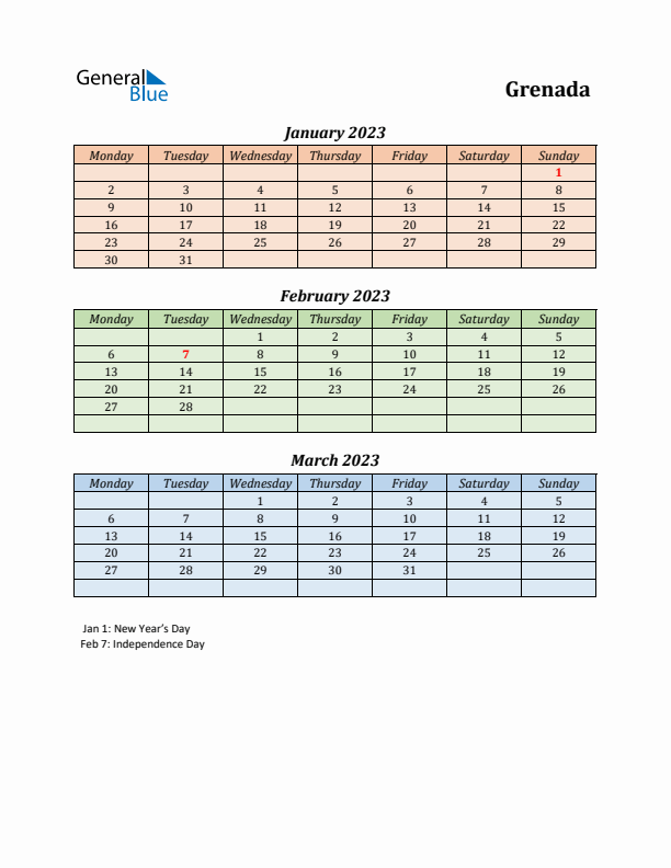 Q1 2023 Holiday Calendar - Grenada