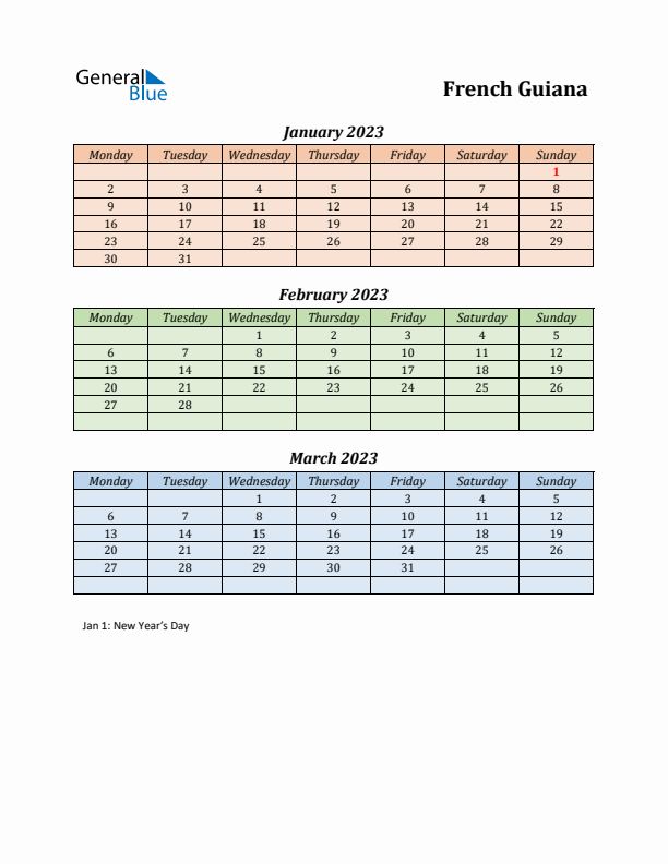 Q1 2023 Holiday Calendar - French Guiana