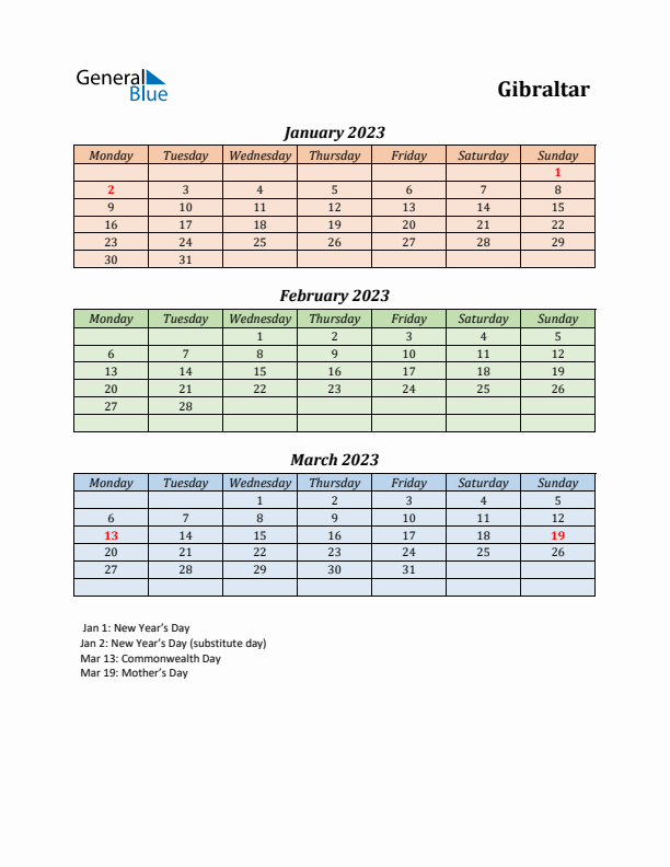 Q1 2023 Holiday Calendar - Gibraltar