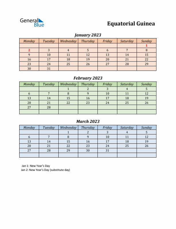 Q1 2023 Holiday Calendar - Equatorial Guinea