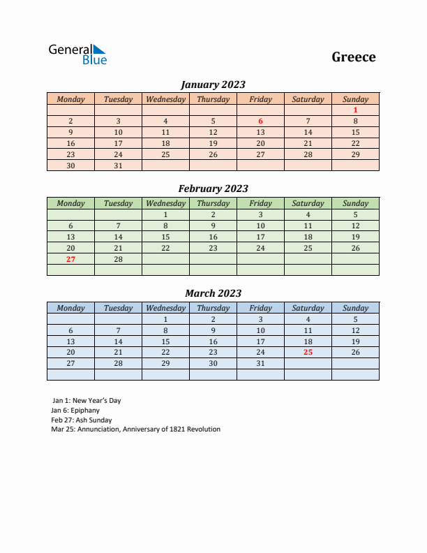 Q1 2023 Holiday Calendar - Greece