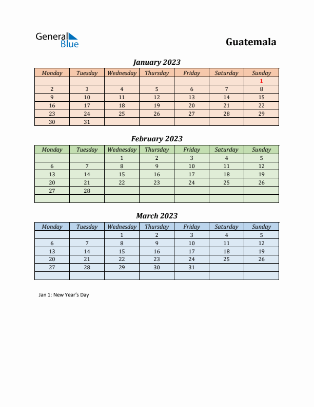 Q1 2023 Holiday Calendar - Guatemala