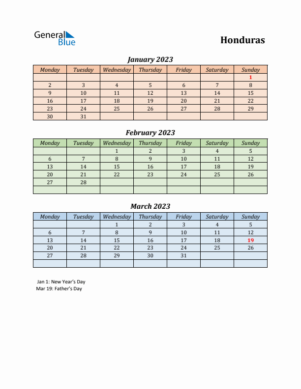 Q1 2023 Holiday Calendar - Honduras