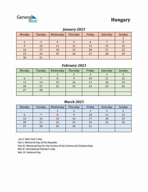 Q1 2023 Holiday Calendar - Hungary