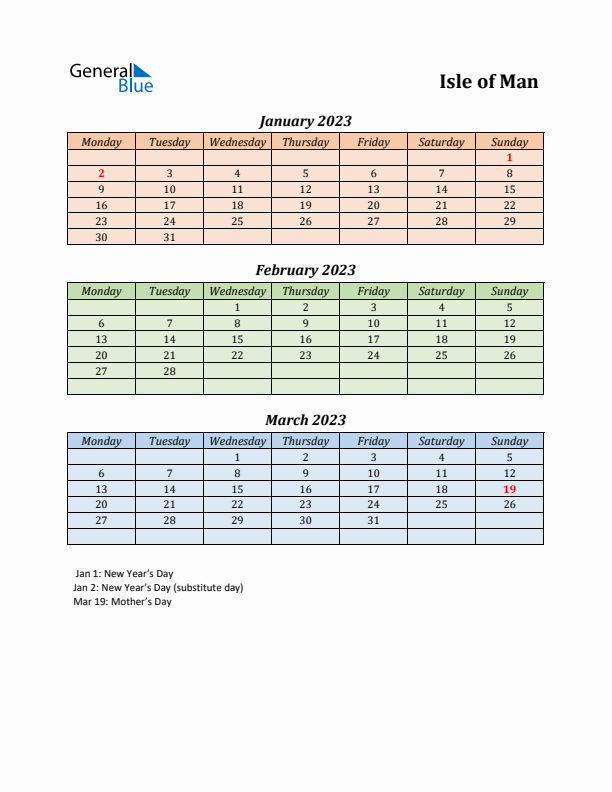 Q1 2023 Holiday Calendar - Isle of Man