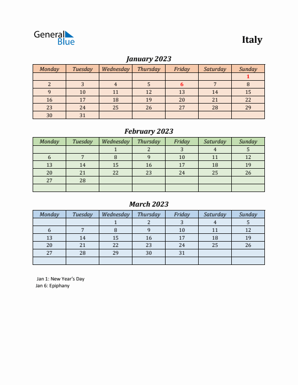 Q1 2023 Holiday Calendar - Italy