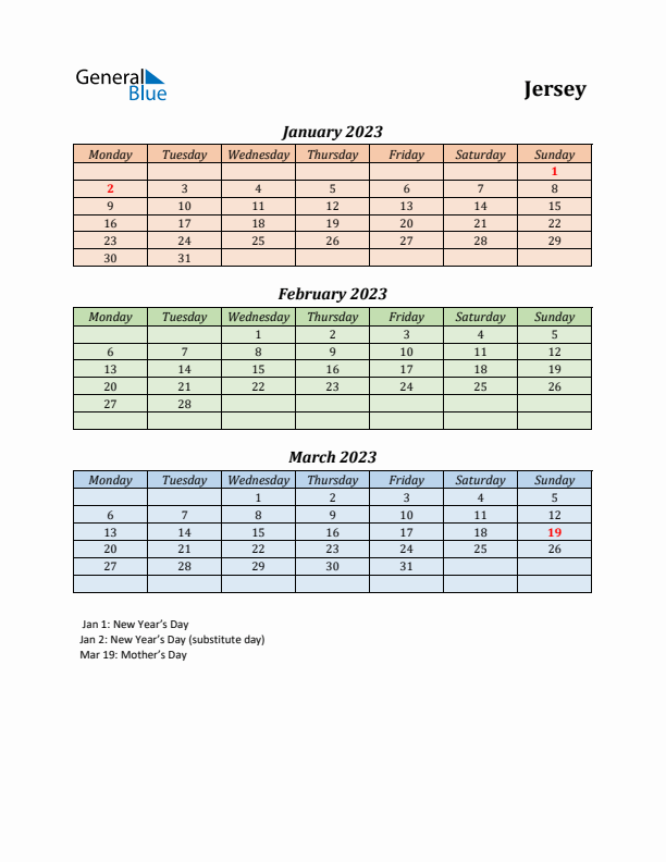 Q1 2023 Holiday Calendar - Jersey