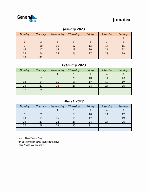 Q1 2023 Holiday Calendar - Jamaica