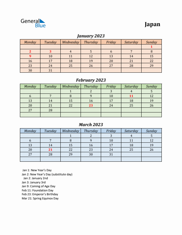 Q1 2023 Holiday Calendar - Japan