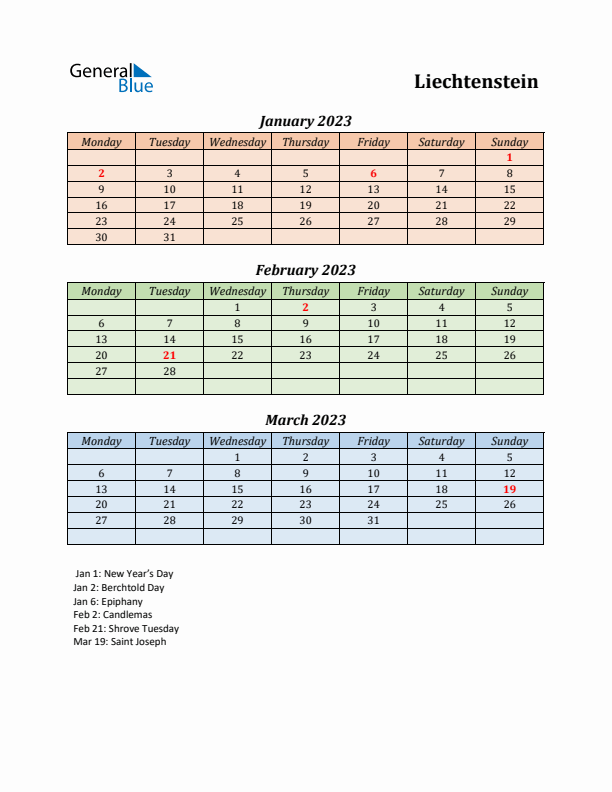 Q1 2023 Holiday Calendar - Liechtenstein